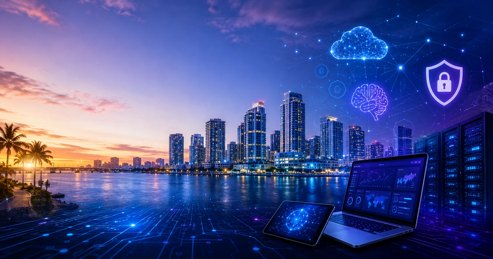 Futuristic South Florida skyline with AI, cloud, and security visuals.