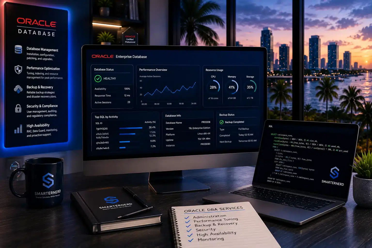 Database dashboard and performance metrics for Oracle DBA services.