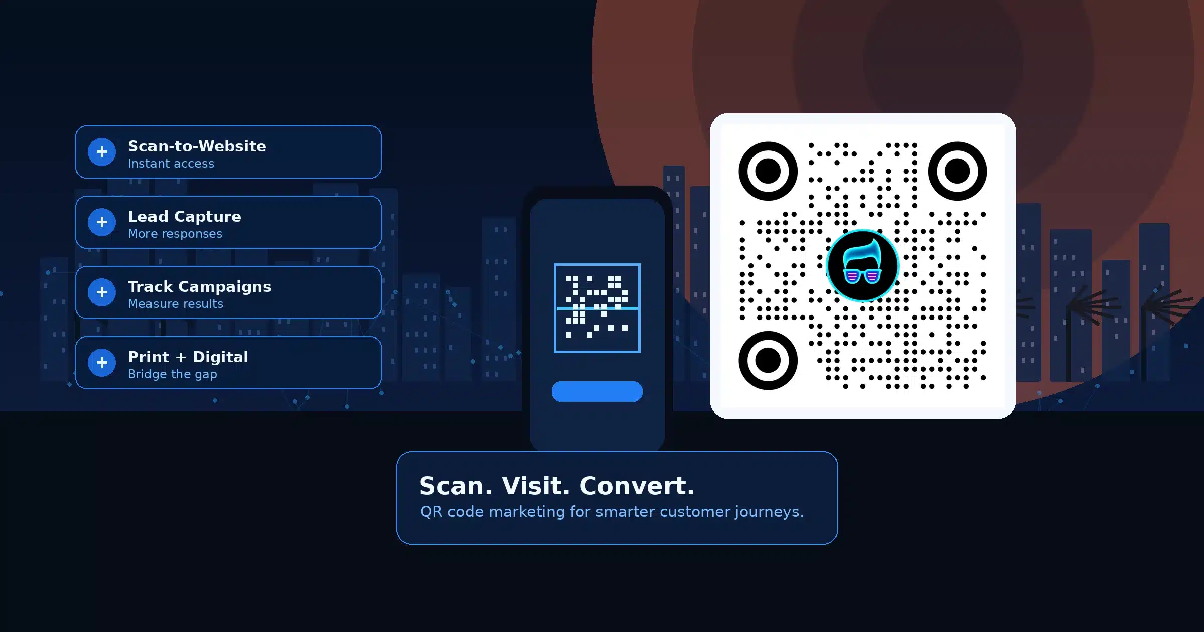 Centered QR code in a clean rounded panel with campaign CTA.