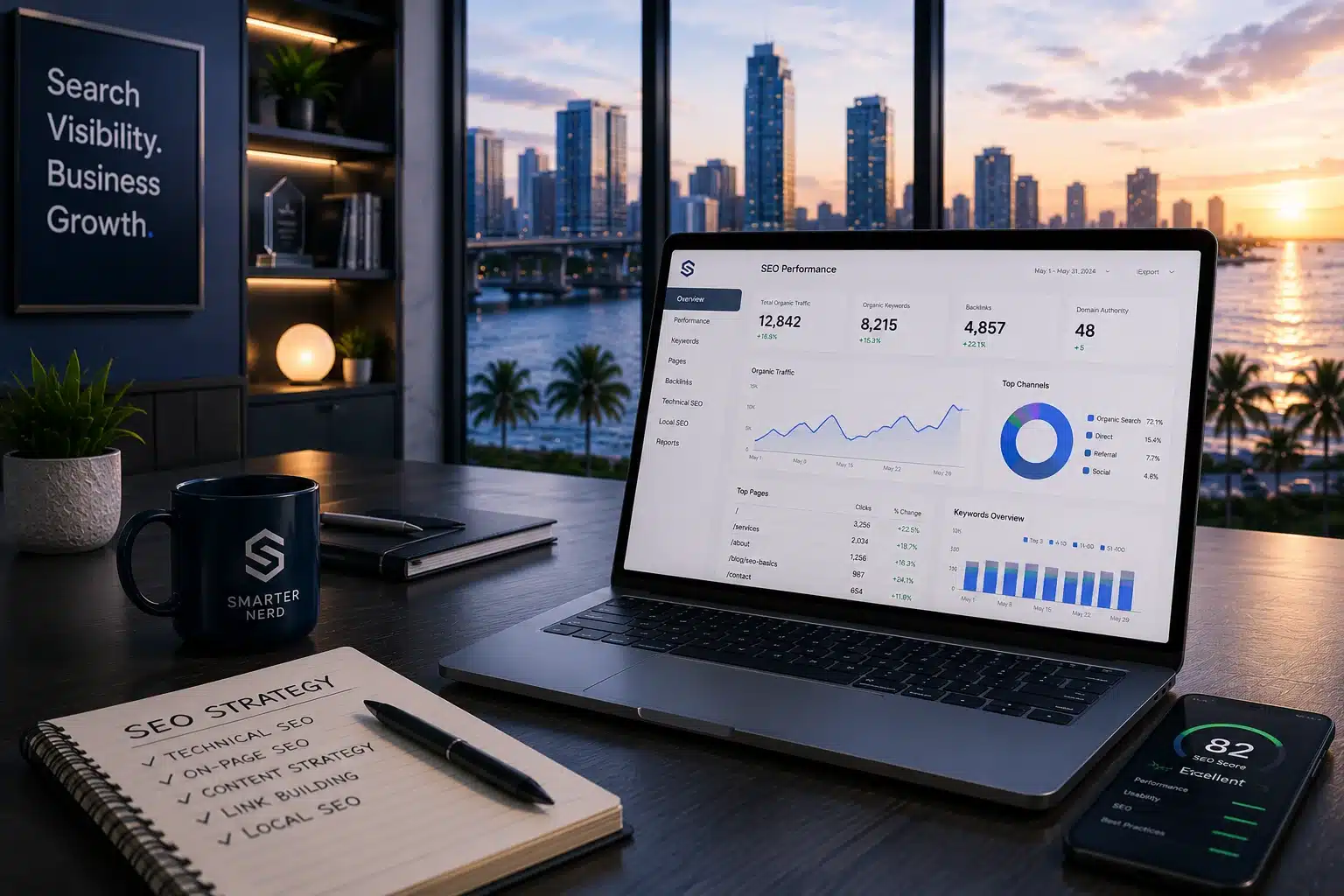 SEO dashboard and search visibility visual elements.