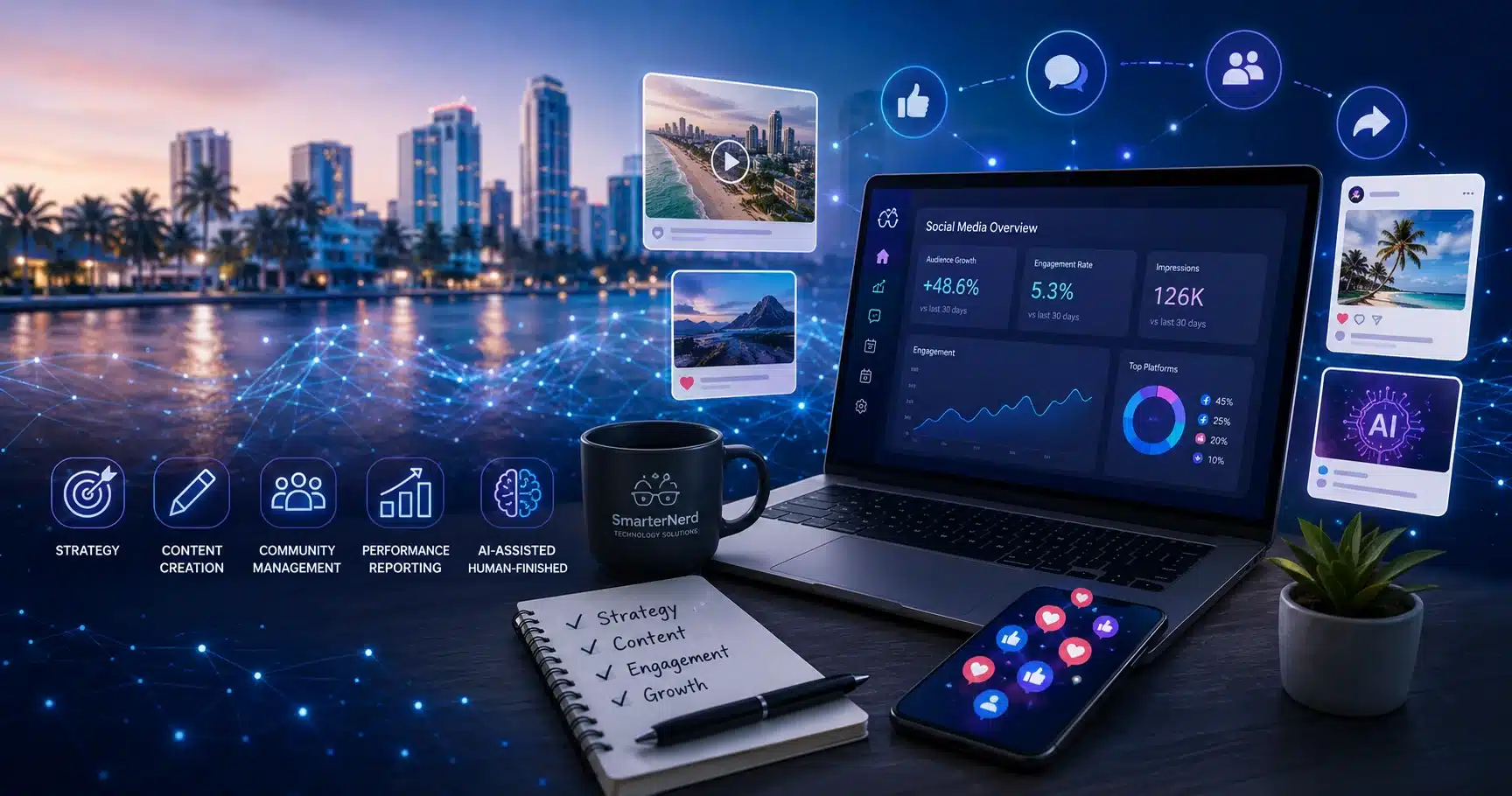 Social media post previews and AI content planning board.